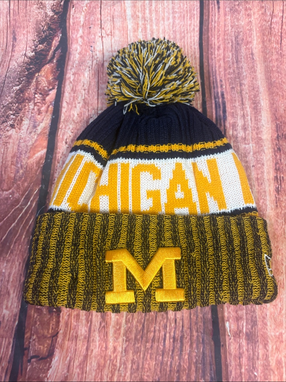 Michigan  Pom Beanie Hat - Yellow, Navy
